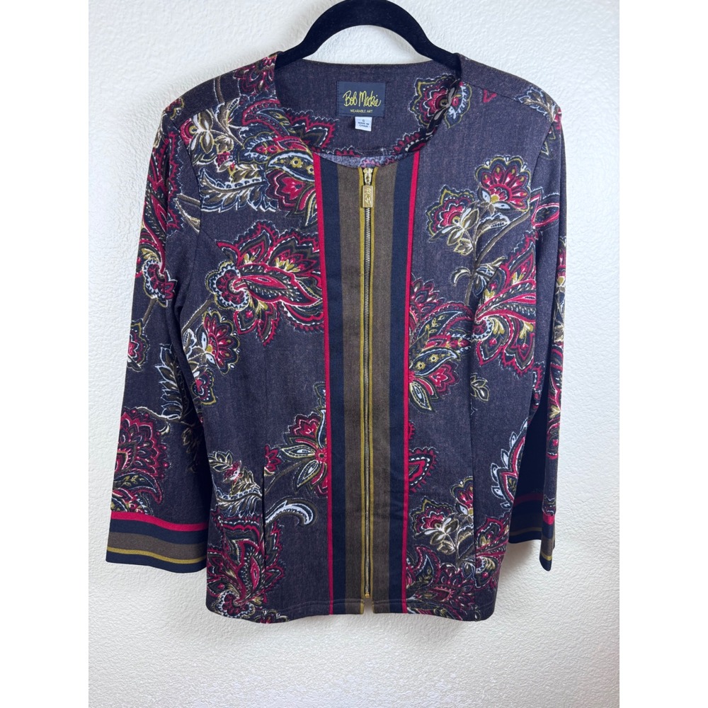 Bob Mackie Wearable Art Boho Zip Up Jacket Women S Paisley Artsy Eclectic Travel